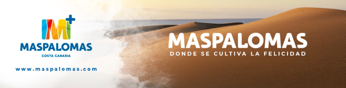 Banner institucional de Maspalomas Costa Canaria con el lema “Donde se cultiva la felicidad” sobre las dunas al atardecer.