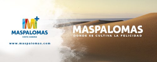 Maspalomas Costa Canaria – Dunas y felicidad Dunas de Maspalomas en Gran Canaria al atardecer con eslogan “Donde se cultiva la felicidad”