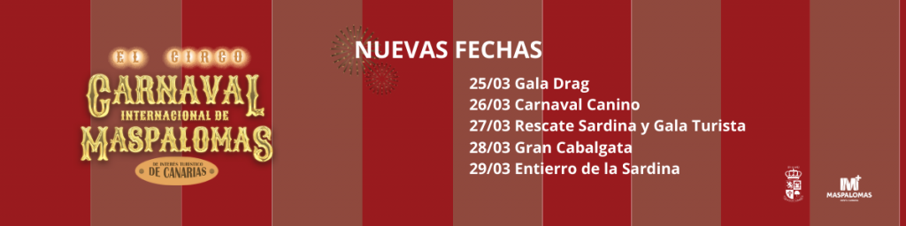 Banner del Gran Carnaval Internacional de Maspalomas con faro y artistas en equilibrio