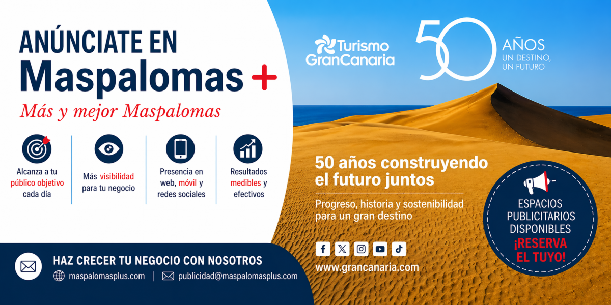 Anúnciate en Maspalomas Plus, banner publicitario con dunas de Gran Canaria y promoción de espacios publicitarios con alta visibilidad
