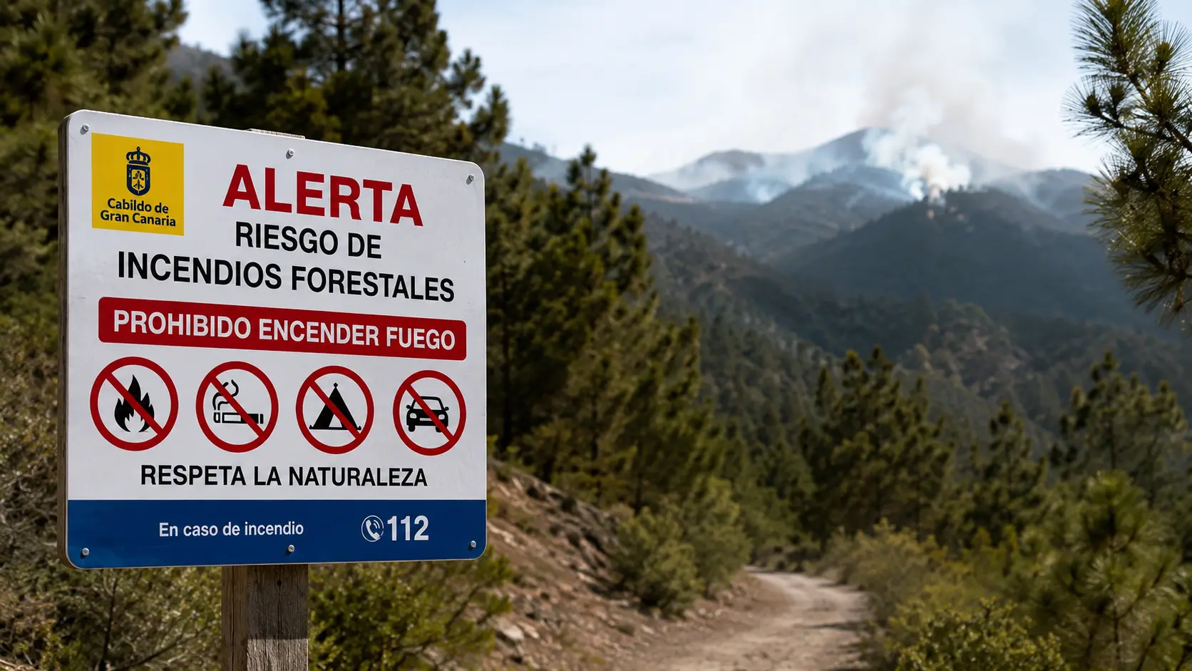Cartel de alerta por riesgo de incendios forestales junto a una pista forestal en Gran Canaria.