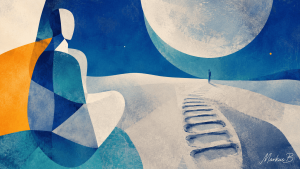 Ilustración editorial abstracta de una huella lunar como símbolo del viaje interior