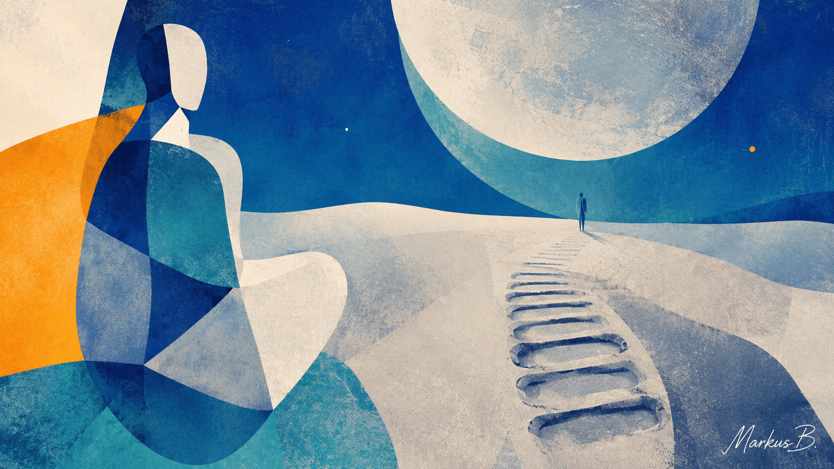 Ilustración editorial abstracta de una huella lunar como símbolo del viaje interior