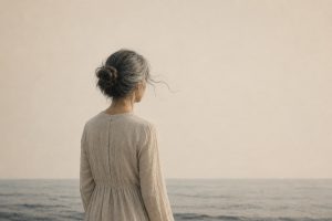 Ilustración de una mujer de espaldas frente al mar que simboliza el duelo, la memoria y la reconstrucción personal.