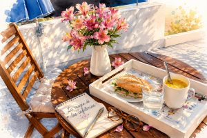 Ilustración de una mesa de cafetería recreada en casa con flores, desayuno y libreta de escritura inspirada en el artículo La magia de las cafeterías