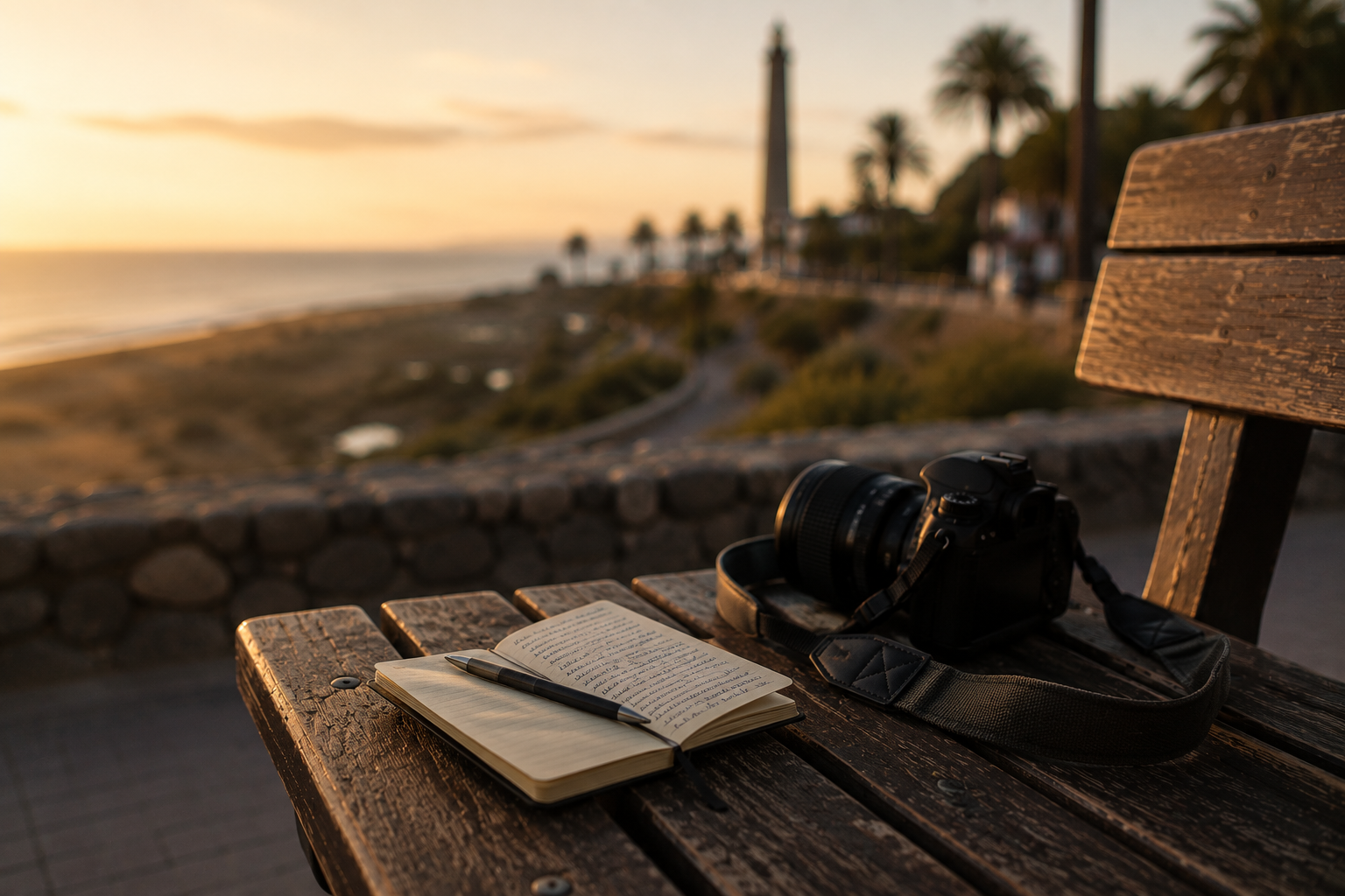Cámara y libreta sobre un banco frente al Faro de Maspalomas