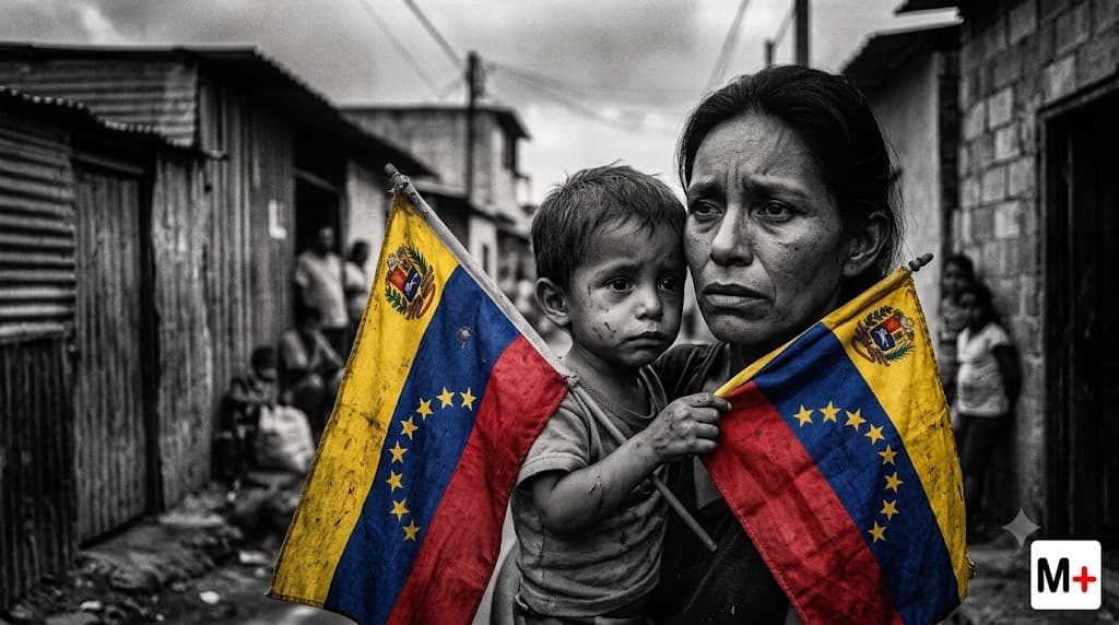 Mujer con un niño y banderas de Venezuela ante la emergencia provocada por los terremotos