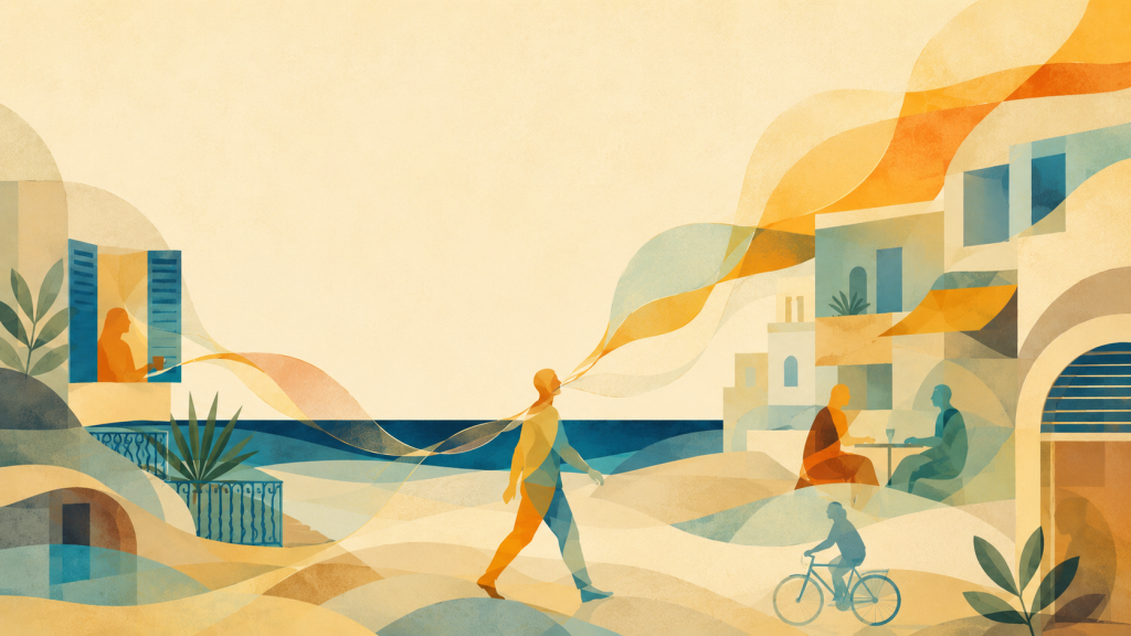 Ilustración editorial abstracta sobre la música en la vida cotidiana en una ciudad costera junto al mar