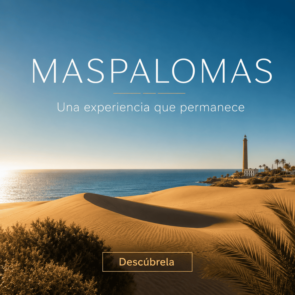 Banner promocional de Maspalomas con las dunas, el océano Atlántico y el Faro de Maspalomas.