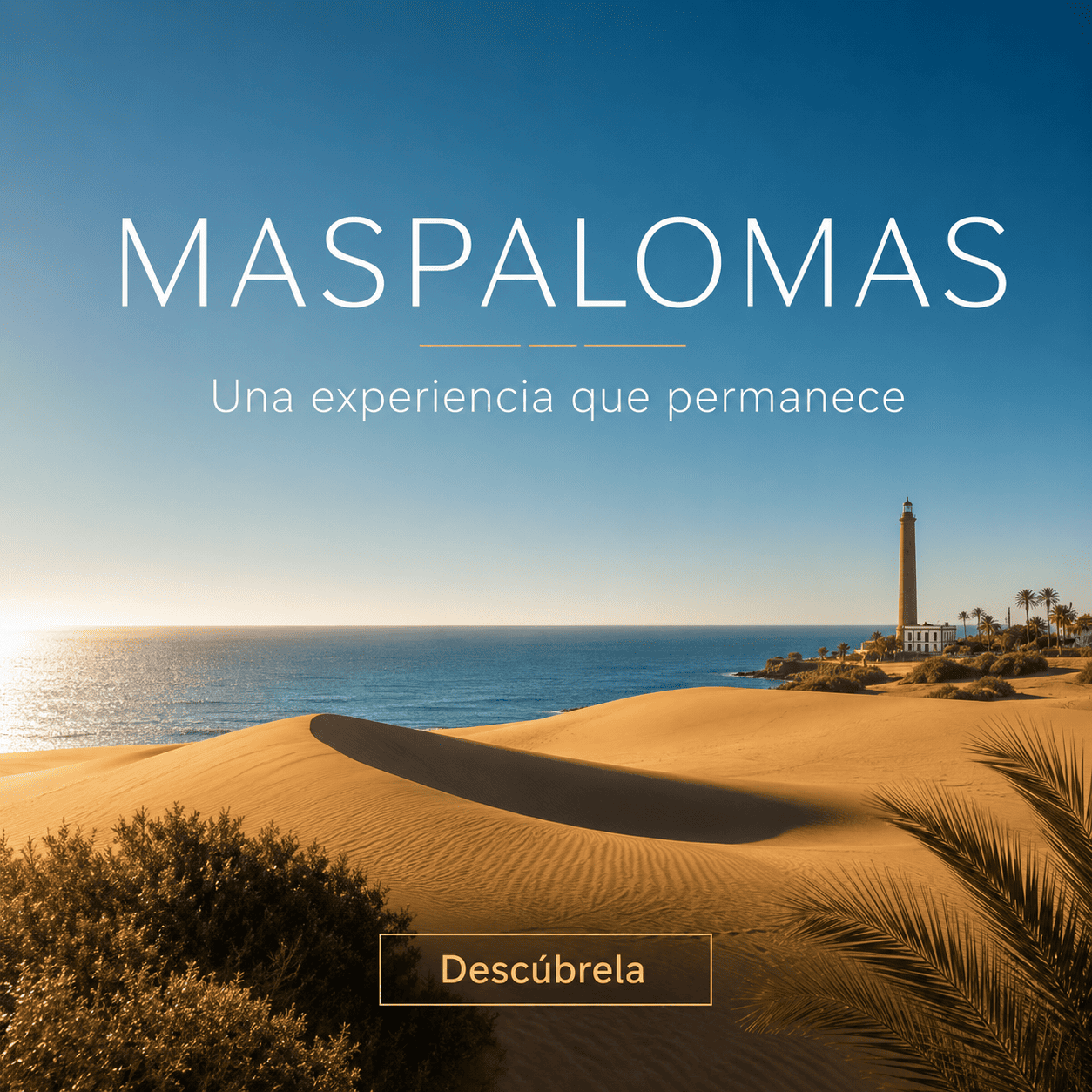 Banner promocional de Maspalomas con las dunas, el océano Atlántico y el Faro de Maspalomas.