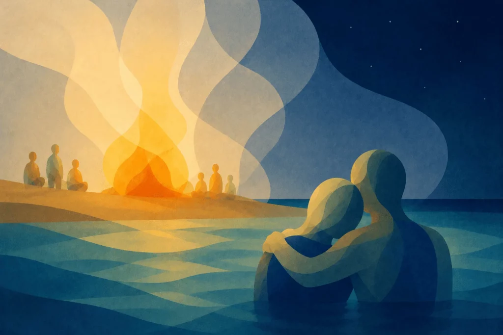 Dos figuras abrazadas contemplan una hoguera de San Juan junto al mar en una ilustración editorial abstracta.