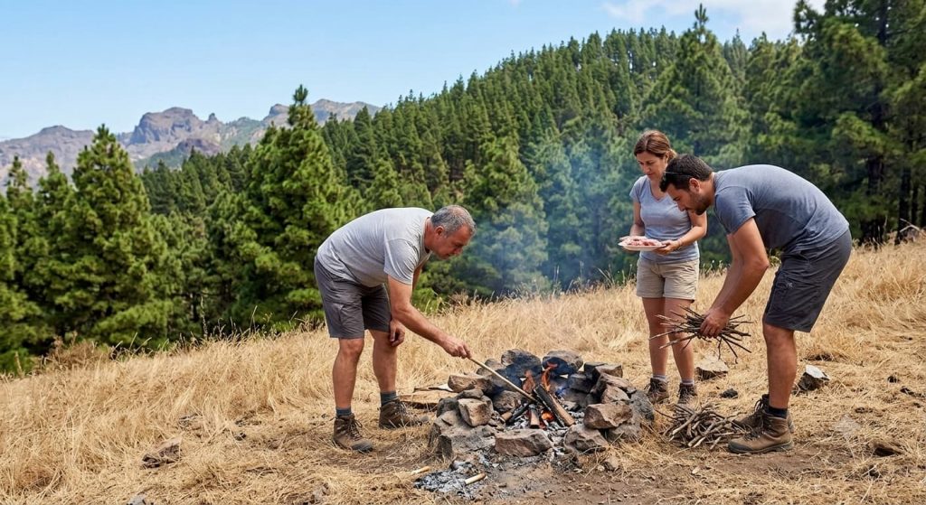 M+ | Personas haciendo una barbacoa con fuego en el suelo junto a hierba seca y el pinar de Gran Canaria en peligro.