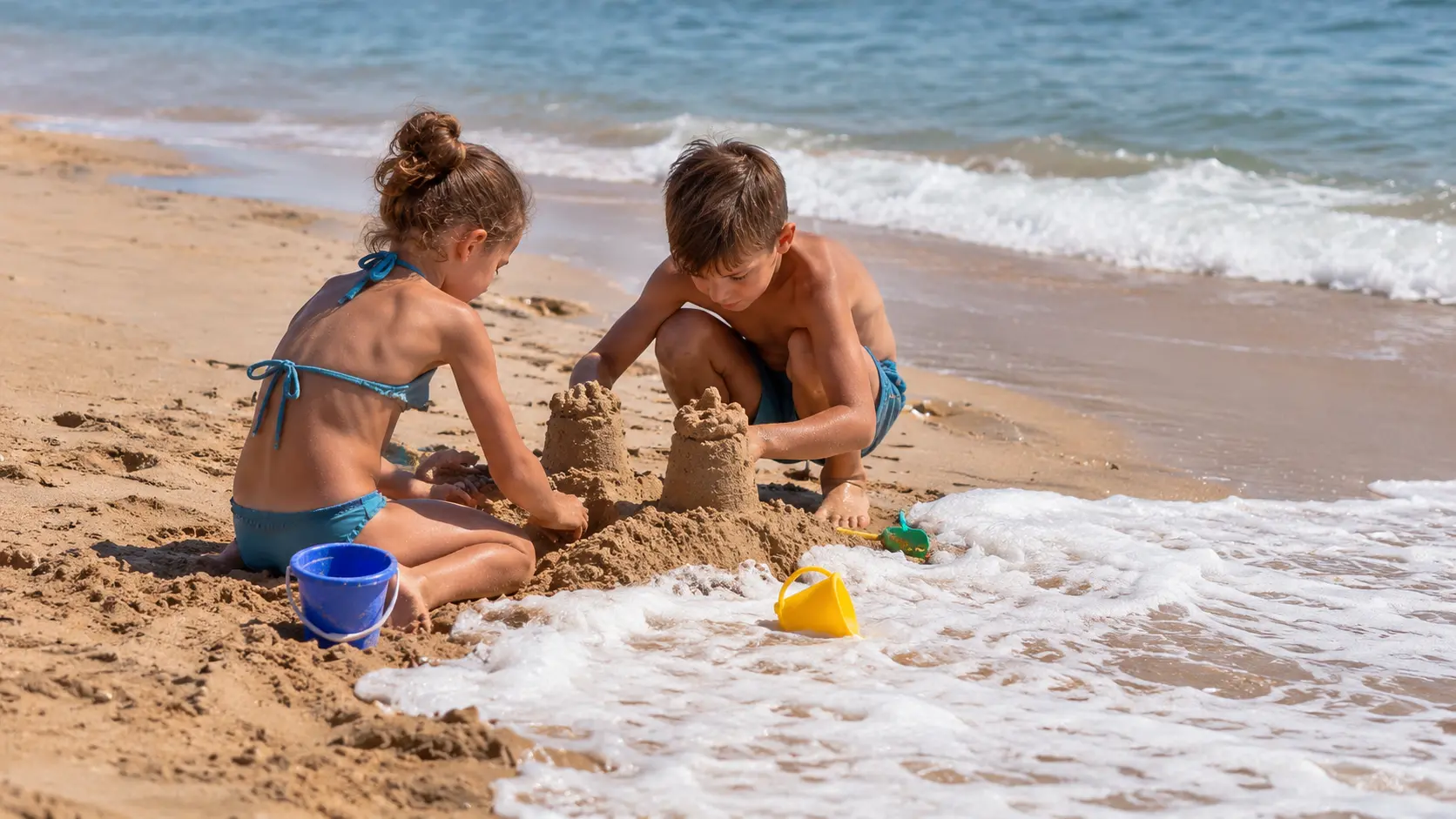 Dos niños construyen un castillo de arena en la orilla mientras el agua llega suavemente a la playa.