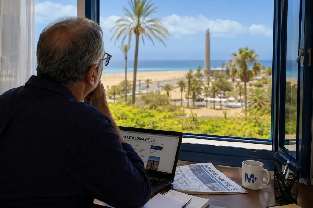 Juan de la Cruz observa desde una ventana de Maspalomas mientras reflexiona sobre el periodismo local