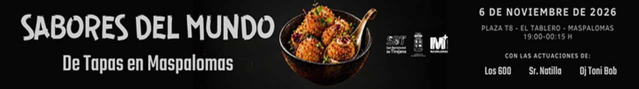 Banner de Sabores del Mundo, jornada de tapas en Maspalomas el 6 de noviembre de 2026, en la Plaza T8 de El Tablero.